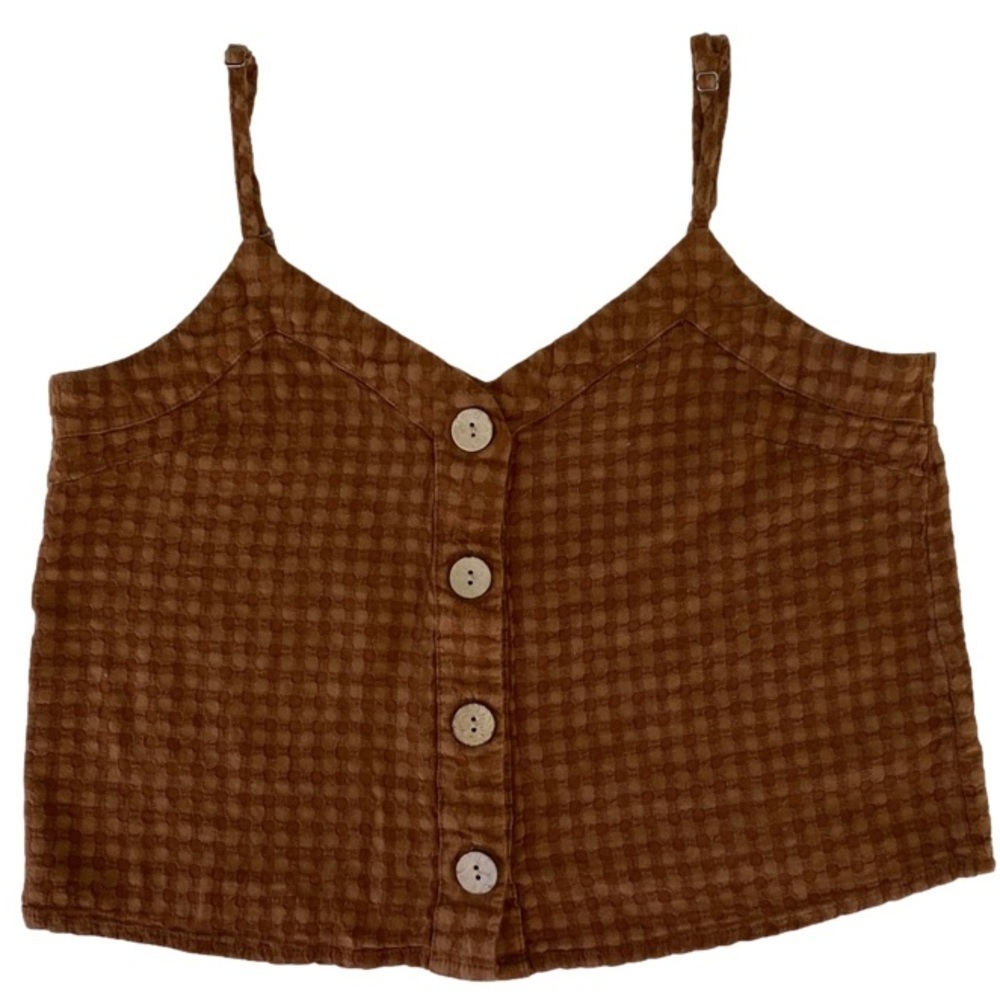 INDIGO Rising Crop Top V-neck Adj Spaghetti Straps Brown Gingham Women’s Med